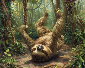 Naklejka premium A sloth turns the art of yoga on its head, literally, finding zen in a headstand with limbs splayed in harmonious alignment under the forest's canopy, hyper realistic