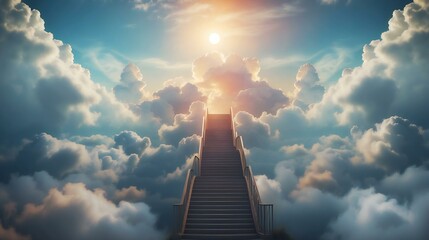 stairs leading to the sky with the sun shining through the clouds - obrazy, fototapety, plakaty