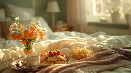 Young mother experiencing breakfast in bed on Mother's Day, with a tray full of homemade pancakes, fresh fruit, and a cup of coffee with small bouquet of flowers in morning sunlight gently from window