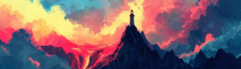 Keuken spatwand met foto A wizard stands atop a lighthouse, casting spells as lava flows from a nearby volcano, blending light, magic, and fire, Pop art © Wonderful Studio