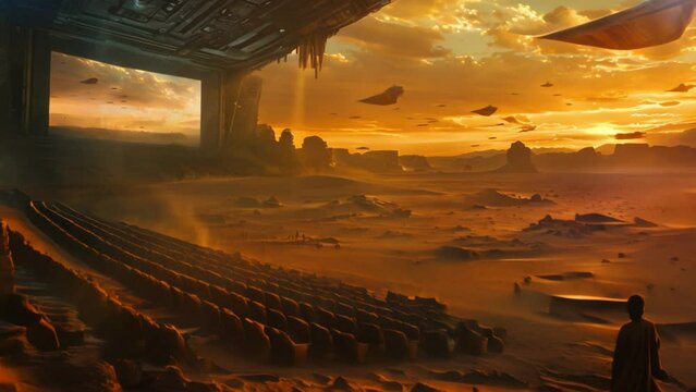 A giant theater movie screening room filled with desert sand landscape animation