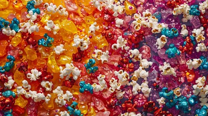 Fototapeta na wymiar Amid a flurry of popping corn, vibrant gemstones mix with the snack, creating a luxurious chaos on a deep, solid color canvas, high detailed