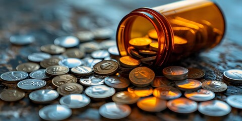 Counting Coins for Medication: Shedding Light on Healthcare Accessibility Challenges in Poverty. Concept Poverty, Healthcare Access, Medication Costs, Counting Coins, Challenges in Poverty - obrazy, fototapety, plakaty