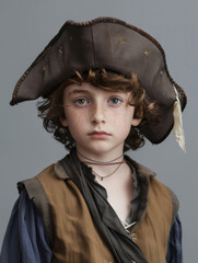 A curly-haired child sports a tricorn hat with a feather, completing the pirate costume look