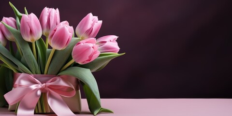 Light background, beautiful bouquet of pink tulips. Photo for a postcard. Generative AI