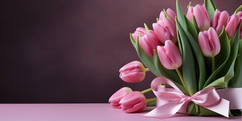 Obraz premium Light background, beautiful bouquet of pink tulips. 