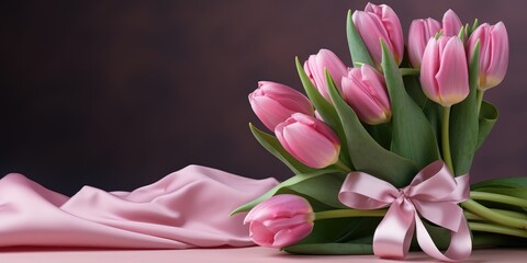 Obraz premium Light background, beautiful bouquet of pink tulips. Photo for a postcard