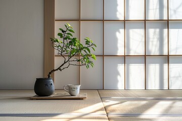 Fototapeta na wymiar minimalistic contemporary living room design, wabi sabi japanees style