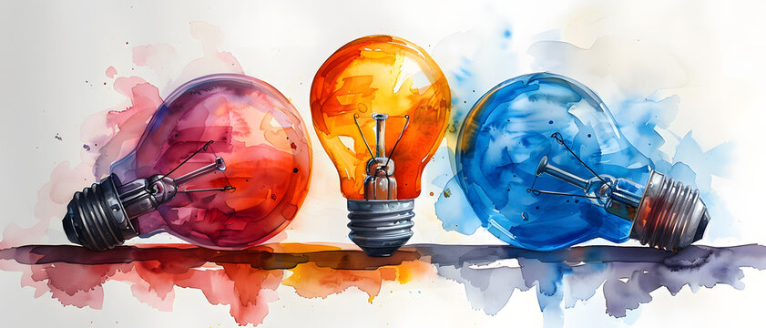 Three light bulbs painted in watercolor, symbolizing innovation, inspiration, and ideas with a splashy, artistic flair