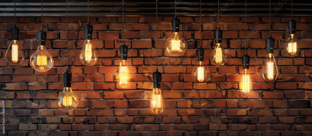 Poster an art installation featuring a bunch of light bulbs hanging from a brick wall, illuminating the dar