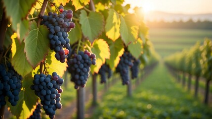 Sunset Harvest: Ripe Grape Clusters in a Lush Vineyard - obrazy, fototapety, plakaty