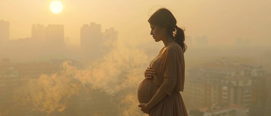 Pregnant woman in polluted area, concern for fetal health, PM 2.5 awareness, anxiousstock photographic style