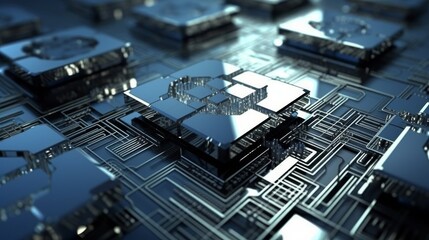 A 3D-rendered depiction of advanced circuit boards, showcasing an expansive, highly detailed microelectronic environment that symbolizes cutting-edge technology.