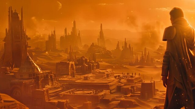 A tired warrior looking down to a desert city animation