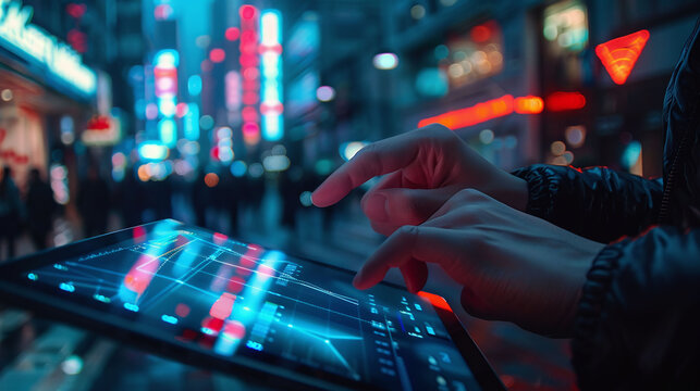 Business professional using tablet to analyze financial data on interactive digital display with cityscape background. Fintech and market analysis concept. Design for corporate presentation, website h