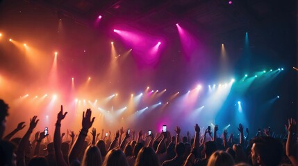 Fototapeta na wymiar Rhythmic Euphoria: Captivating Stage Lights Over a Concert Crowd