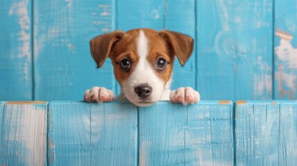 Curious puppy peeking over blue wooden background, with copy space for text placement.