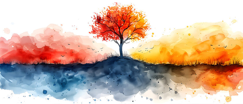 A stunning image representing an autumn tree with vibrant red, orange, and yellow hues depicted in a watercolor style reflecting off water