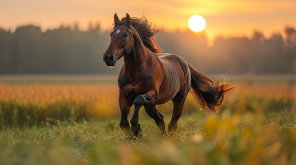 Galloping Horse in a Lush Field: Freedom and Power