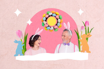 Creative poster collage of cute old couple marriage love celebrate easter holiday tradition invitation billboard comics zine minimal
