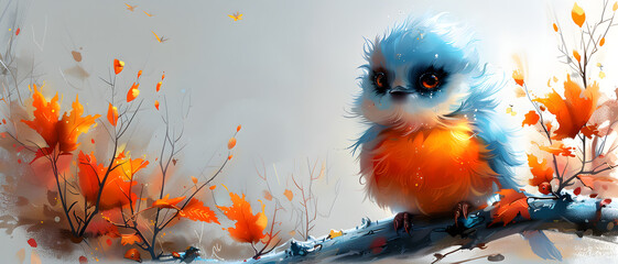 A whimsical illustration of a fluffy, plump bluebird with vivid orange and yellow plumage, perched on a branch amid falling leaves - obrazy, fototapety, plakaty