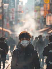 Person wearing mask, crowded polluted street, PM 2.5 visible haze, protective measurePrime Lenses