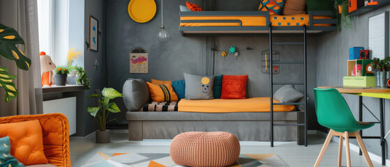 Bedroom for kid interior home design concept. Modern stylish cozy cute room with bed and other furniture decoration ideas for child or children in comfortable house or apartment background.