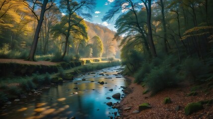 Enchanted Morning: Sunlight Filtering Through an Autumn Forest Stream