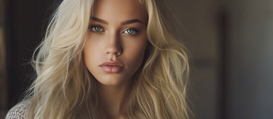 A close up of a woman featuring long blonde hair and wearing a white top for a soft and elegant look - obrazy, fototapety, plakaty