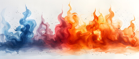 An abstract representation of fiery warm and cool blue waves in watercolor style, symbolizing balance and duality - obrazy, fototapety, plakaty