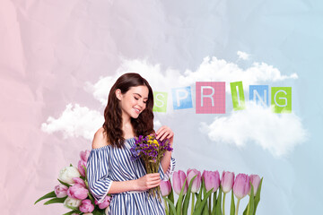 Creative poster collage of cute charming female hold bouquet spring international woman day...