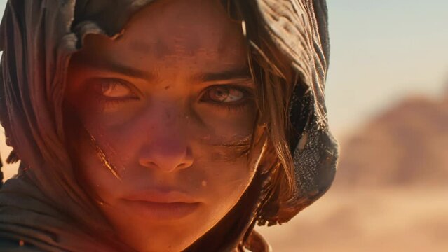 Woman face in the desert close-up animation footage