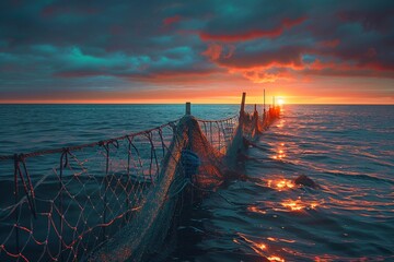 Overfishing impact, empty nets, twilight, desolate sea horizon