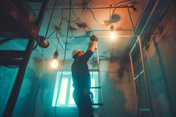 Electrician worker installing electric lamps light inside apartment. - Powered by Adobe