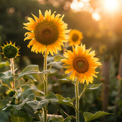 Obraz premium Sunflowers in a beautiful natural setting, sunflower in garden sunset