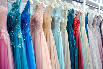 Elegant formal dresses for sale in luxury modern shop boutique. Prom gown, wedding, evening, bridesmaid dresses dress details. Dress rental for various occasions and events