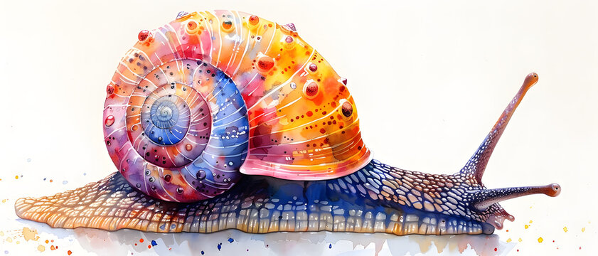 An artistic interpretation of a snail with a multicolored shell and watercolor effects