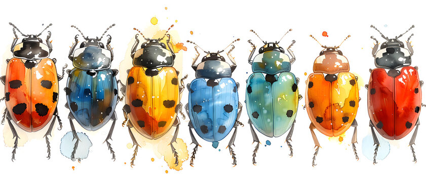 A creative series of colorfully painted ladybugs in a whimsical watercolor style