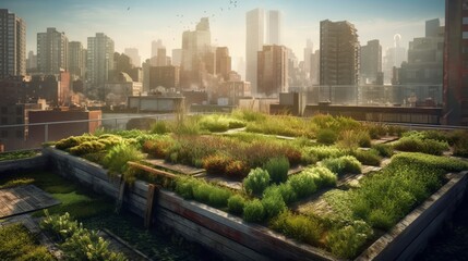 A lush rooftop garden overlooks a bustling cityscape, blending urban living with green spaces.