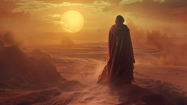 A prophet walks in the desert sand in the sunset animation