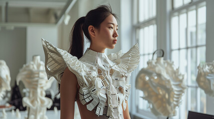 3D printing in fashion design. A charming model in clothes printed on a 3D printer - obrazy, fototapety, plakaty