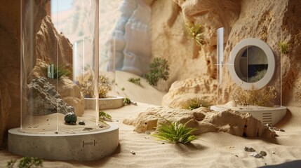 Desert habitats with airlock entrances and static-free materials, featuring mini scenes of sealing...
