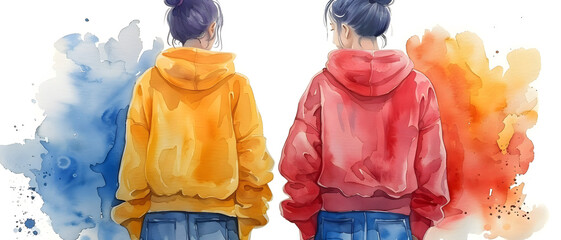Two women in vibrant watercolor style hoodies gazing towards abstract splashes of colour