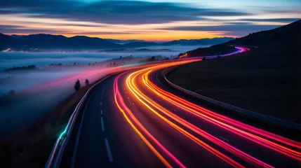 Foto op Plexiglas Twilight Trails: A Highway’s Light Dance at Dusk © Artwork Vector