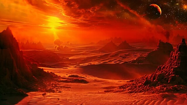 Sunset on mars with sandstorm and a red sun sci-fi animation