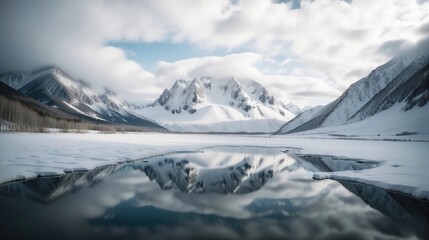 Fototapeta na wymiar Serene Symmetry: Snow-Capped Peak Reflecting on a Mountain Lake