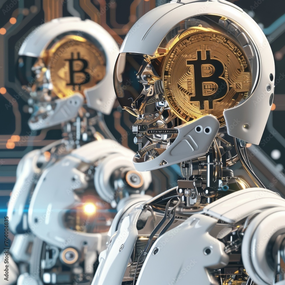 Poster a robot with a reflective gold bitcoin symbol on its head presents a symbolic connection between ai 
