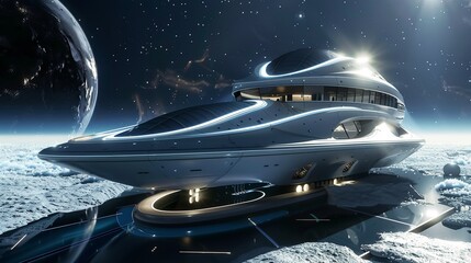 A luxurious floating spa orbiting a serene planet