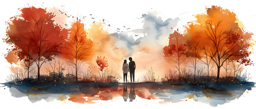 A painting depicting a loving couple surrounded by vibrant autumnal trees, with a watercolor reflection, representing romance