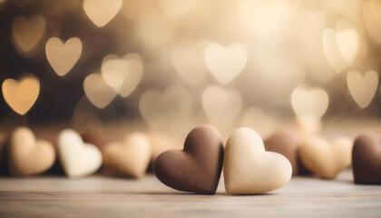 Beige brown hearts on blurred background, symbolizing love. Clean empty space, ideal for love concept